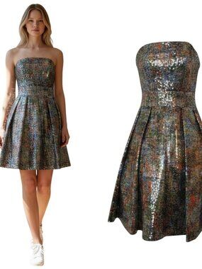 Marchesa Notte Strapless Sequin Floral Mini Dress Corset Bodice